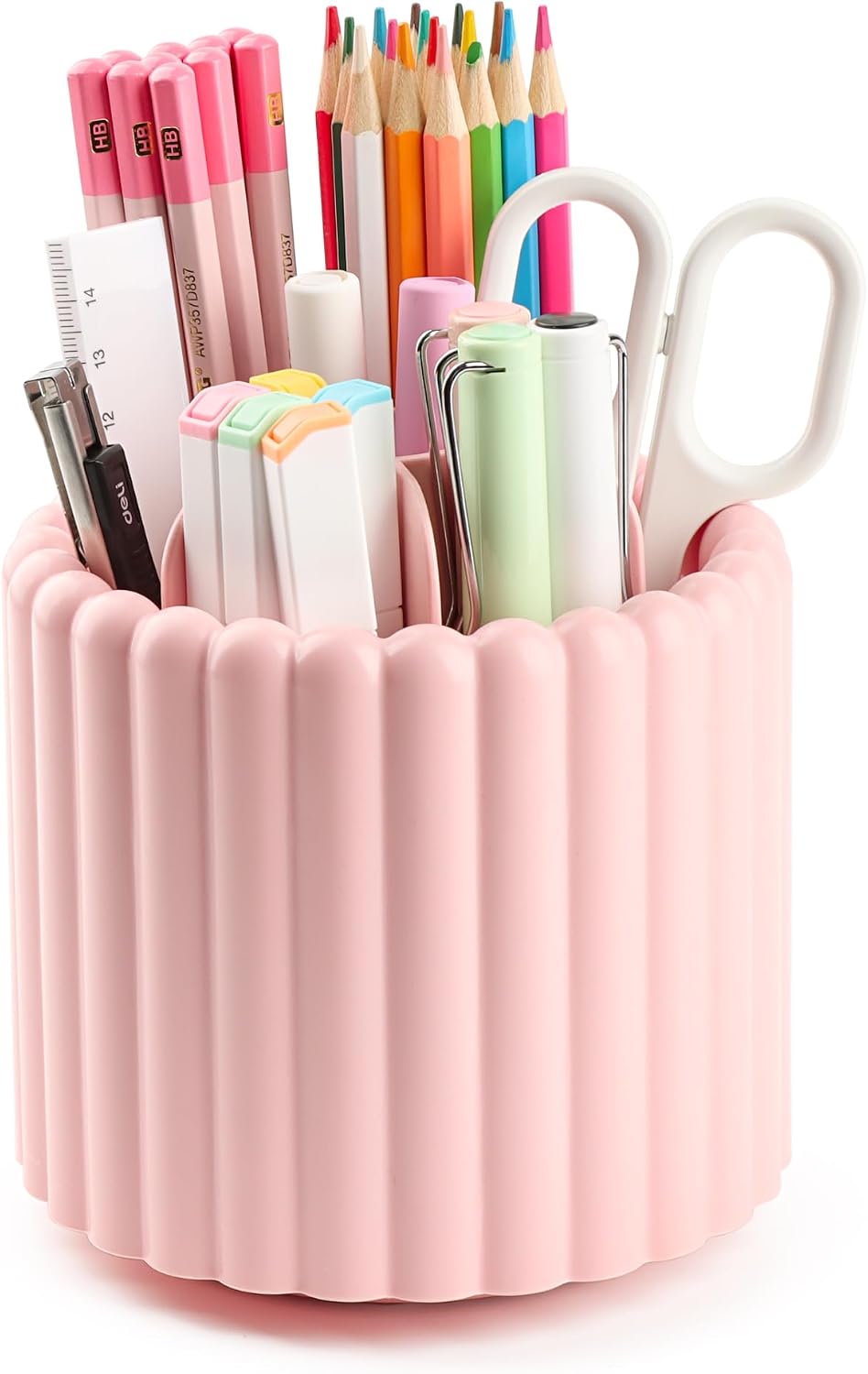 Desk Organizer, 360° Rotating Pen Holder for Desk, Pencil Cup with 7 Compartments Storage Box Caddy for Kids, Office, School, Home (Pink)