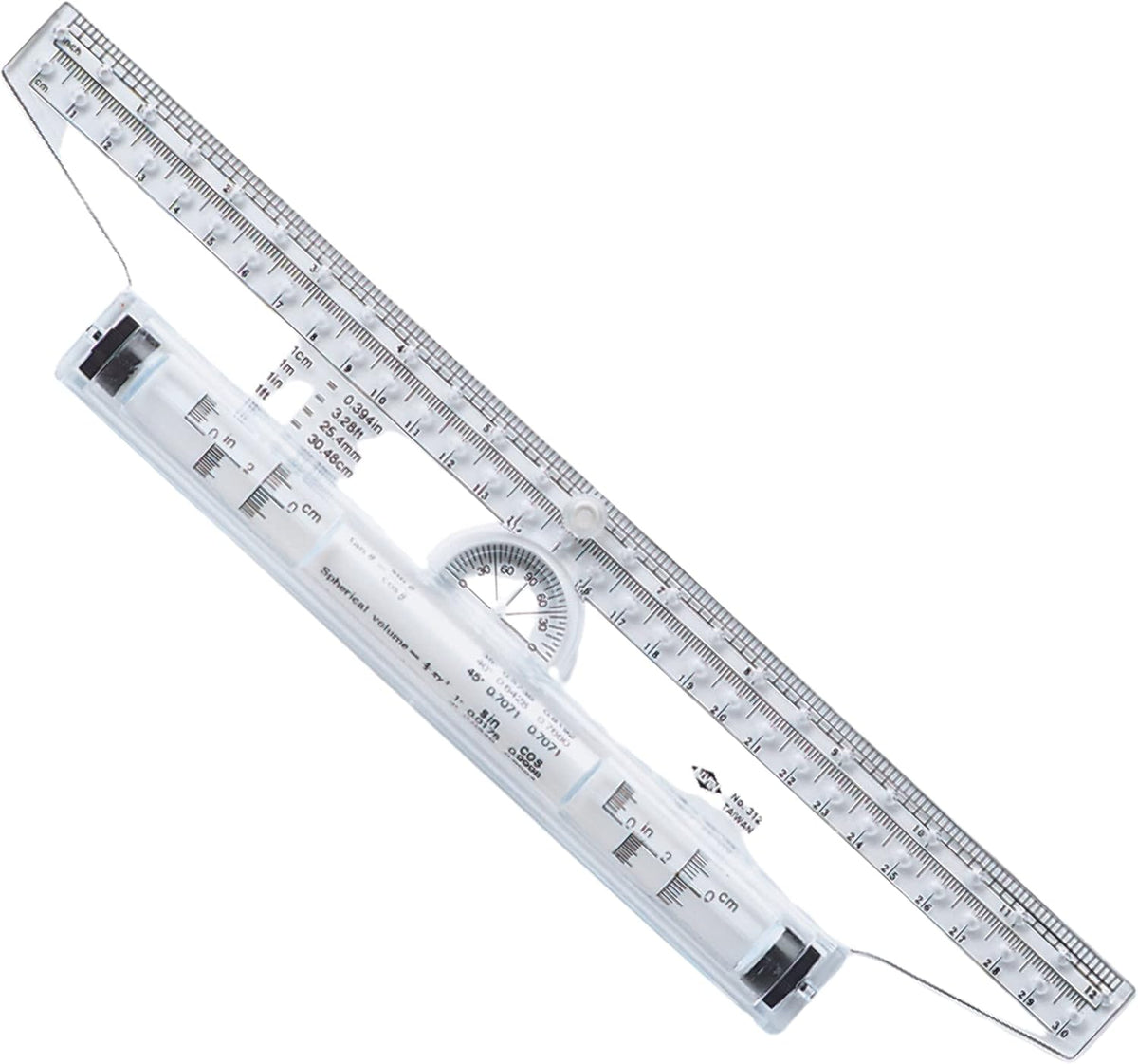 ALVIN 312 Rolling Parallel Ruler, 12 Inch, Clear Plastic Rolling Ruler with Inch and Metric Scales and Protractor for Drawing Parallel Lines, Circles, Angles and Arcs