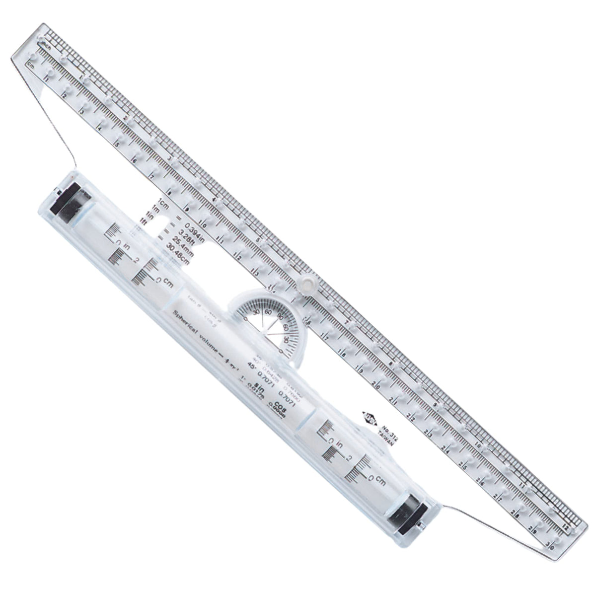 ALVIN 312 Rolling Parallel Ruler, 12 Inch, Clear Plastic Rolling Ruler with Inch and Metric Scales and Protractor for Drawing Parallel Lines, Circles, Angles and Arcs
