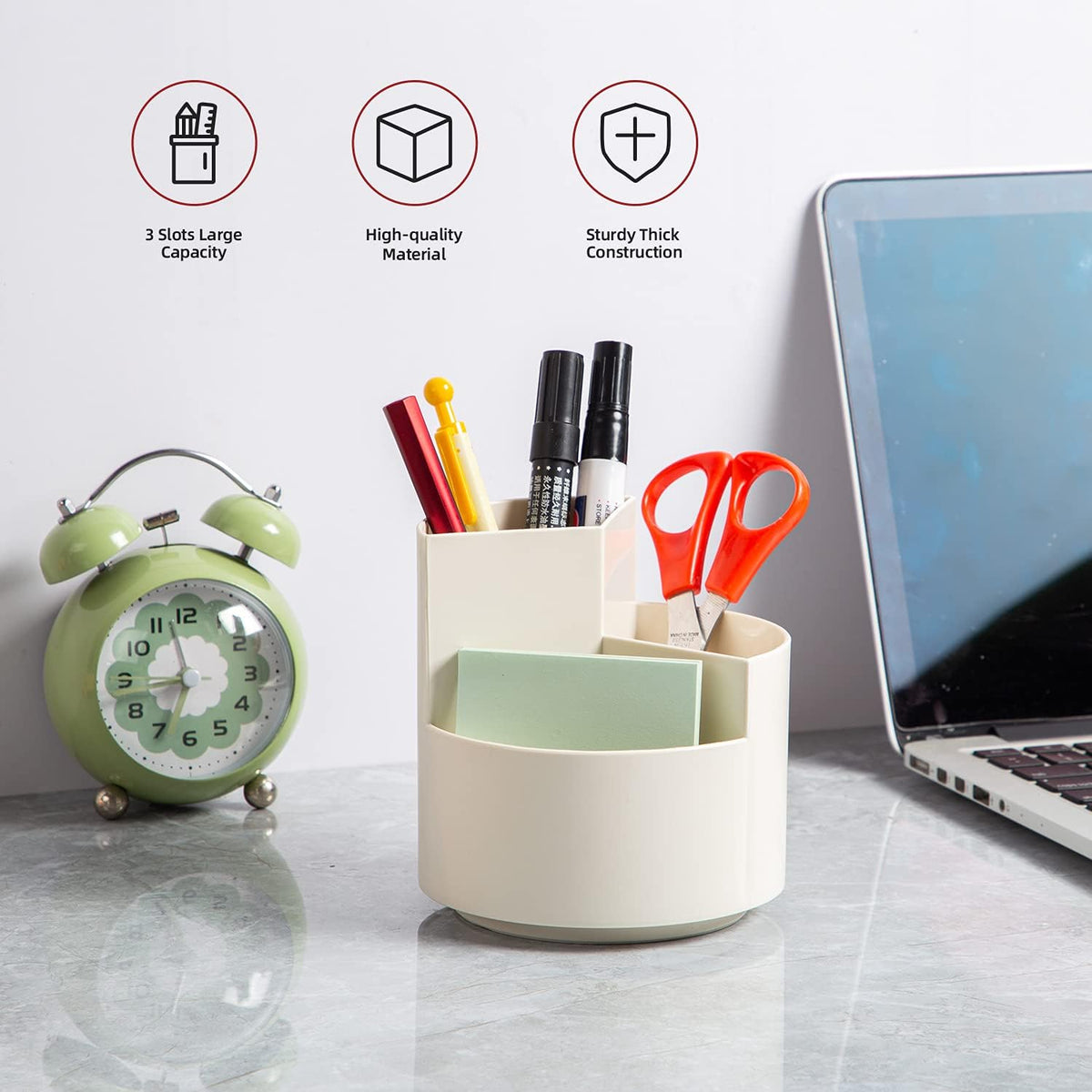 Desk Pencil Pen Holder, 3 Slots 360-Degree Spinning Organizers, Desktop Storage Stationery Supplies, Cute Cup Pot for Office, School, Art Supply, Kids - White
