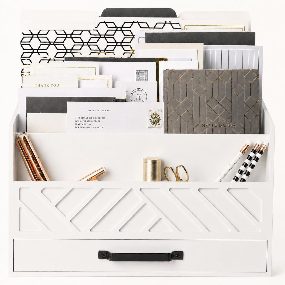 BLU MONACO | White Wooden Desk Organizer & Mail Organizer with Drawer & Gold Handle | Mail Sorter Countertop | 6 Compartments | White Desktop Organizer for Desk