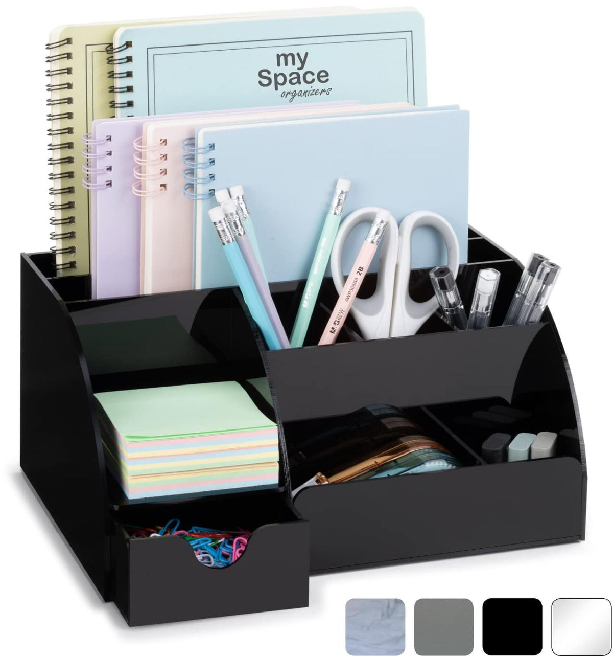 My Space Organizers Clear Acrylic Desk Oganizer, 9 Compartments, Office Supplies and Desk Accessories Organizer, Home Decor Desktop Organizer (Clear)