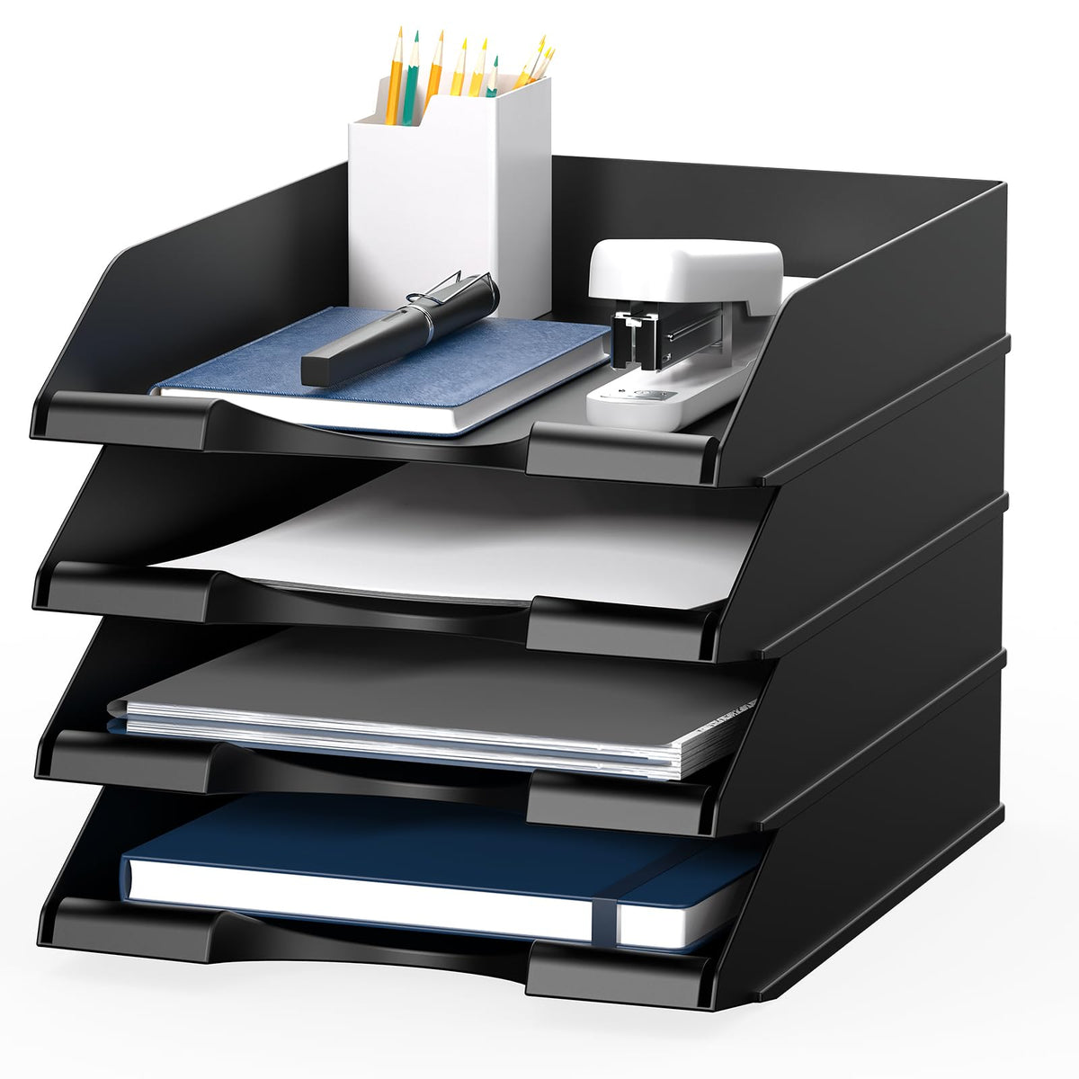 4 Pack Stackable Paper Trays for Letter Documents, Desktop File Organizers for Office Supplies, Stackable Desk Tray Holder for Paper Storage, Black
