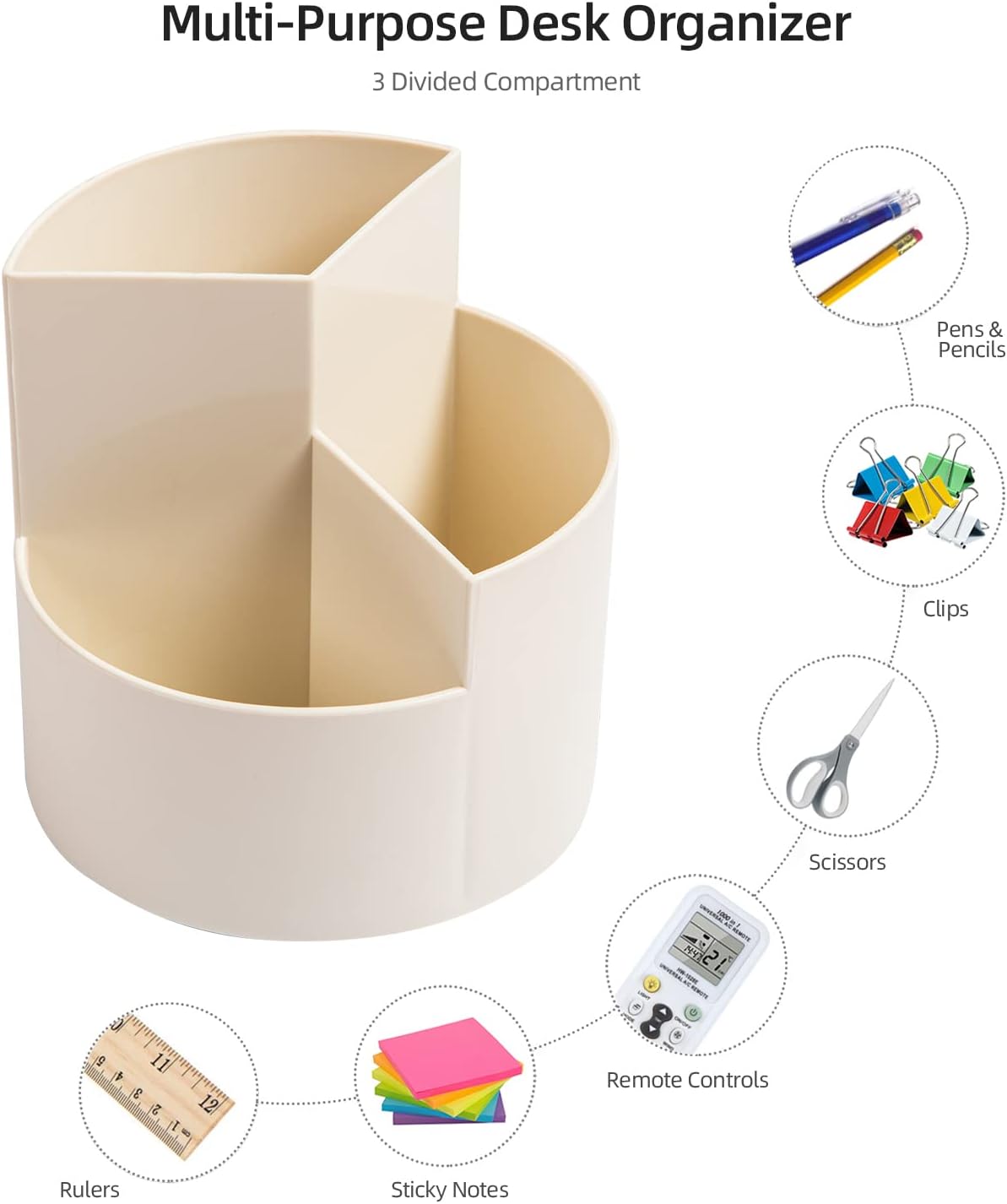 Desk Pencil Pen Holder, 3 Slots 360-Degree Spinning Organizers, Desktop Storage Stationery Supplies, Cute Cup Pot for Office, School, Art Supply, Kids - White