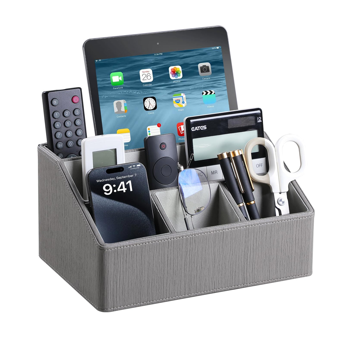 PU Leather Desk Organizer, Remote Control Holder (Black)