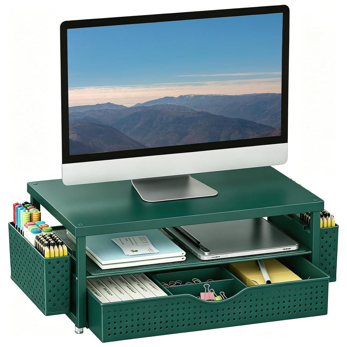 gianotter Desk Organizers and Accessories, Monitor Stand with Drawer and 2 Pen Holder, Desktop Organizer Suitable for Offices and Dormitories (Wood)