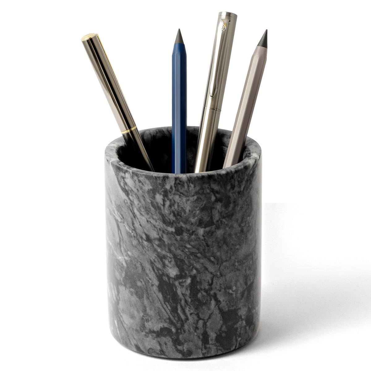 Natural Marble Pen Holder for Desk, Handcrafted Sturdy Desk Organizer with Anti-Slip Base 3.1” x 4.3” – Unique Stone Craft for Office Supplies, Makeup Brushes & Home Decor Grey (WH077)