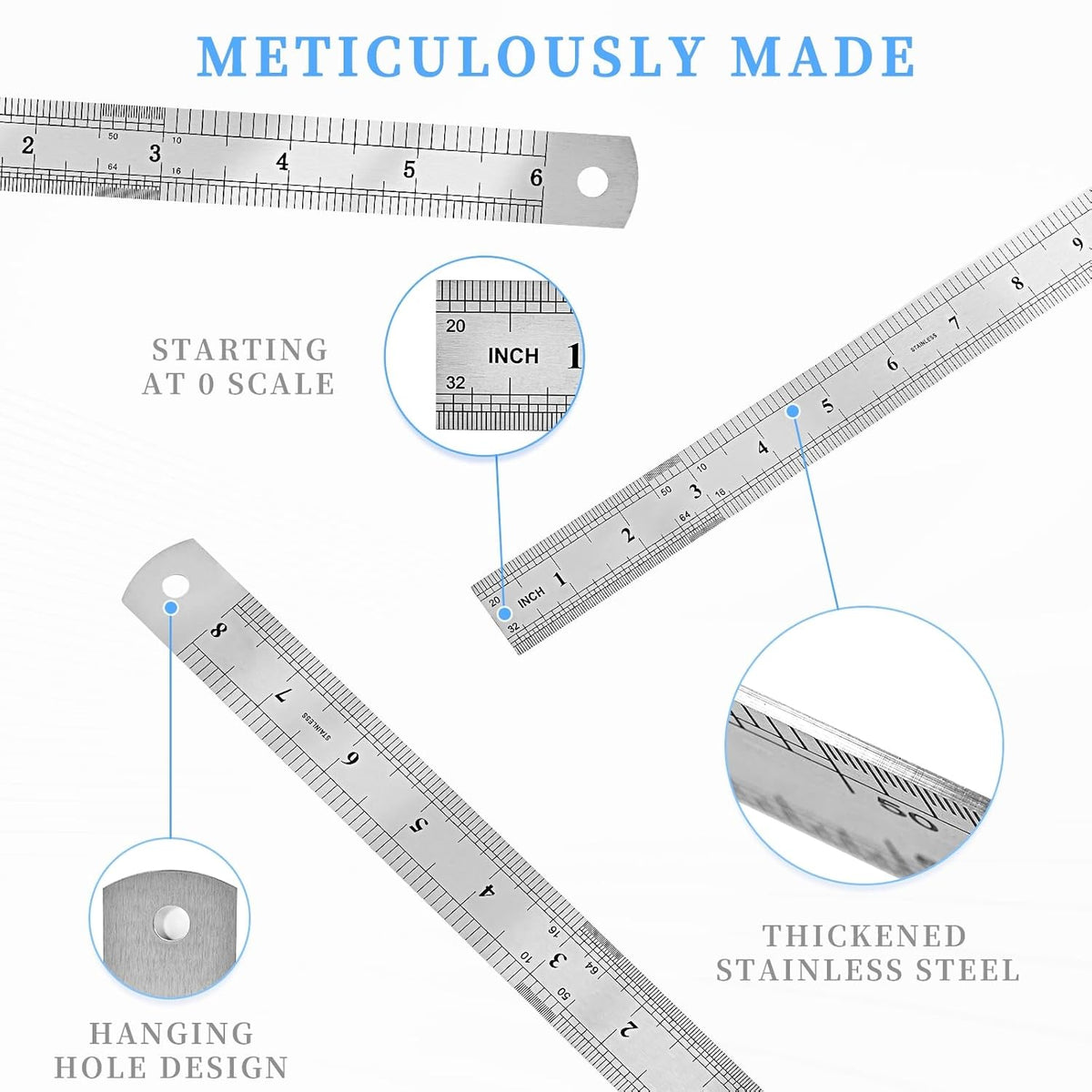 Metal Ruler, 3 Pack, 6, 8, 12 Inch (15, 20, 30 CM) | Metric Ruler