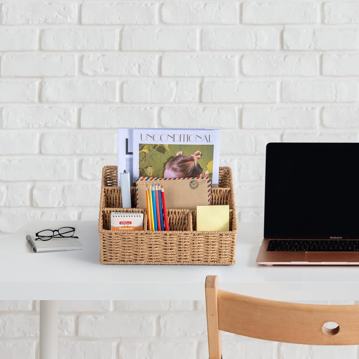 DINGTAI Rattan Desk Organizer, Tabletop Mail Holder, 5 Slot Mail Organizer Countertop Basket, Rattan Office Supplies, Boho Office Desk Accessories, Wicker Desk Organizer, Magazine Holder(Wicker)