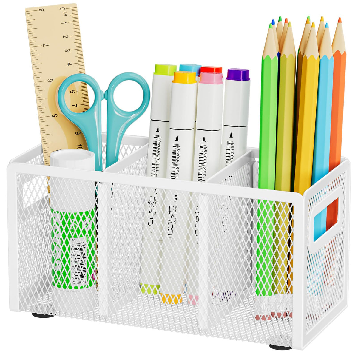 Marbrasse Mesh Pen Holder for Desk, Pencil Holder Desk Organizer 3 Adjustable Compartments, Pencil Cup with Handle Perfect for Classroom, Office, Home, Makeup, Art (4 Compartments - Black)