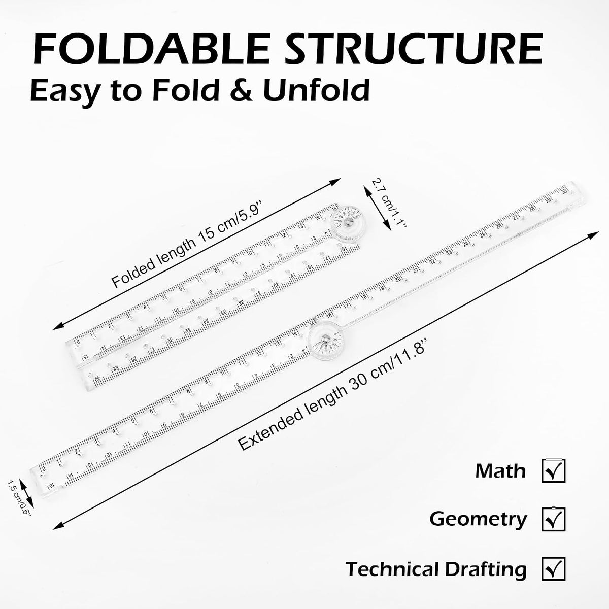 BlingKingdom 2PCS 30 cm Ruler Foldable, Transparent Straight Ruler for Math