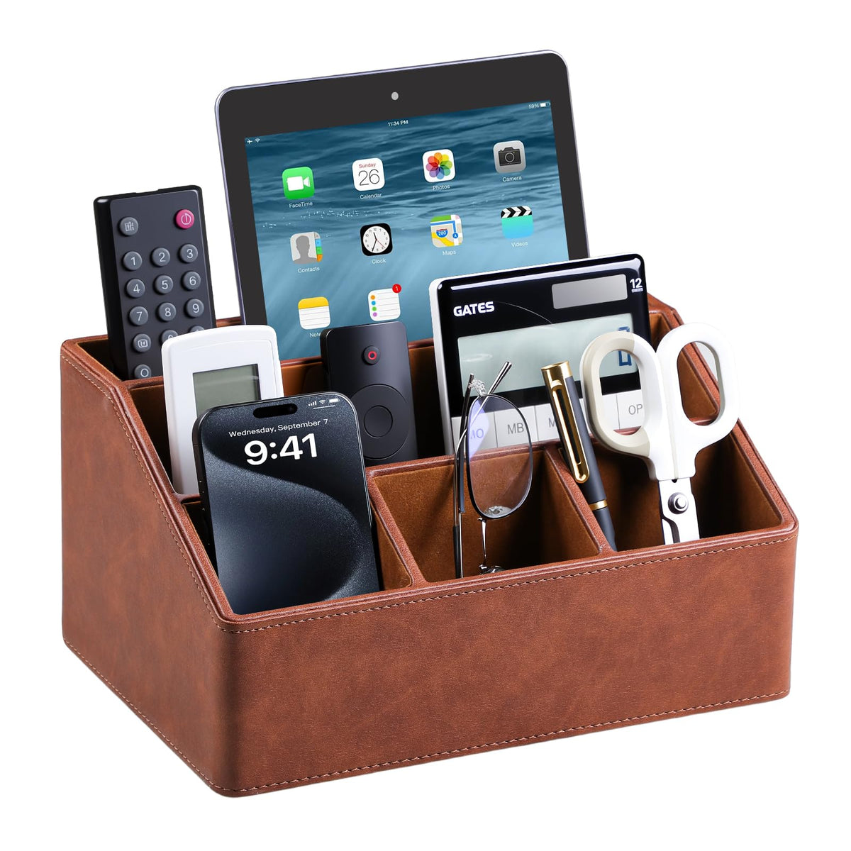 PU Leather Desk Organizer, Remote Control Holder (Black)