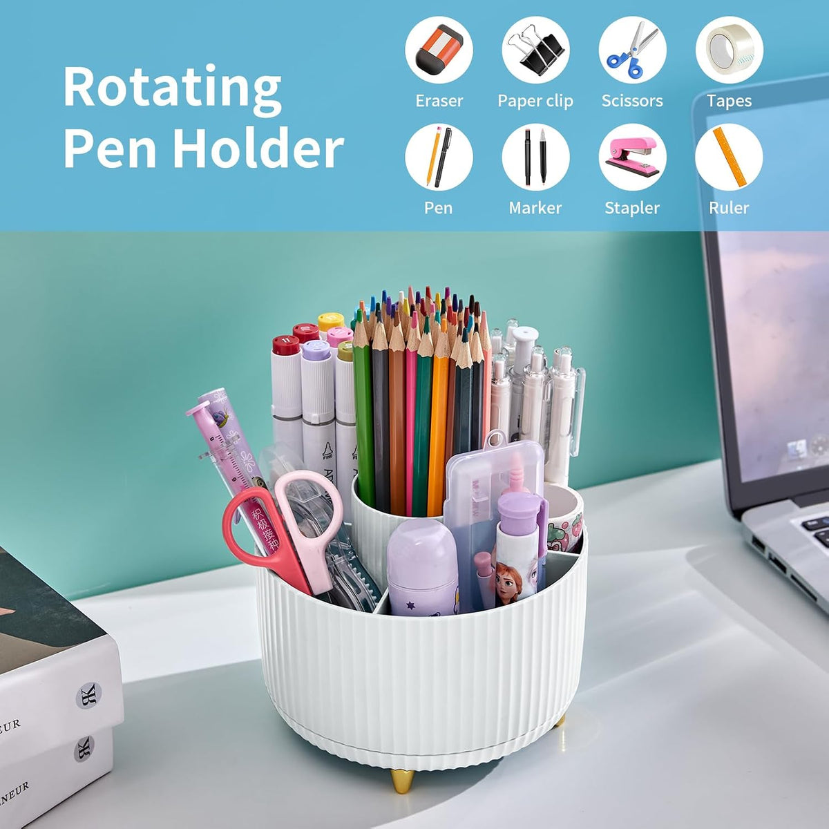 Marbrasse Desk Organizer, 360-Degree Rotating Pen Holder, Desk Organizers and Accessories with 5 Compartments Pencil Holder, Art Supply Storage Box Caddy for Office, Home(White)