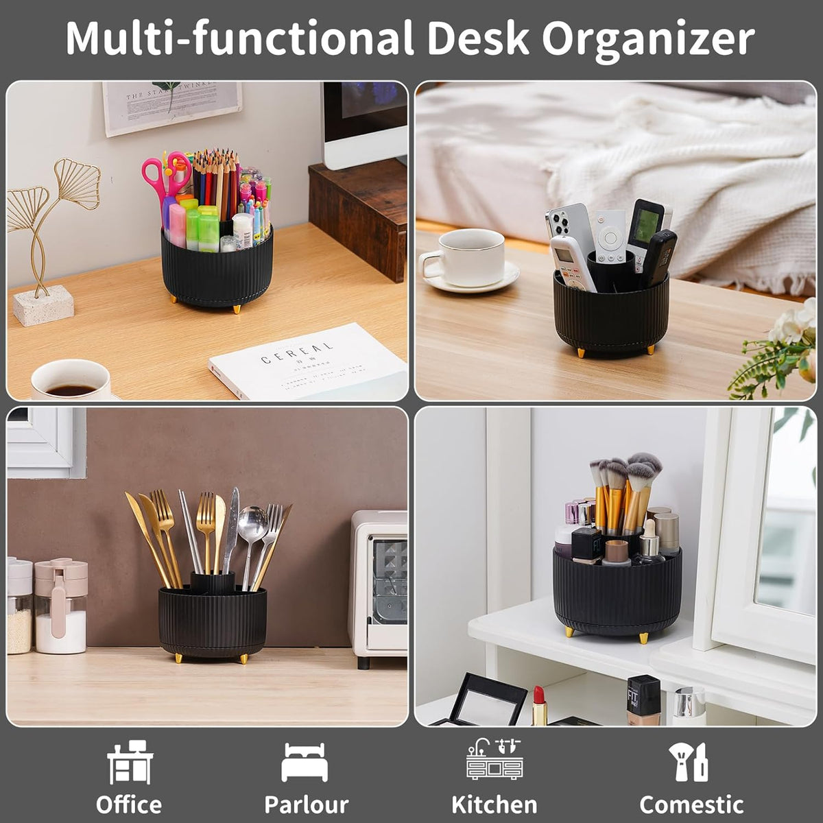 Marbrasse Desk Organizer, 360-Degree Rotating Pen Holder, Desk Organizers and Accessories with 5 Compartments Pencil Holder, Art Supply Storage Box Caddy for Office, Home (Black)