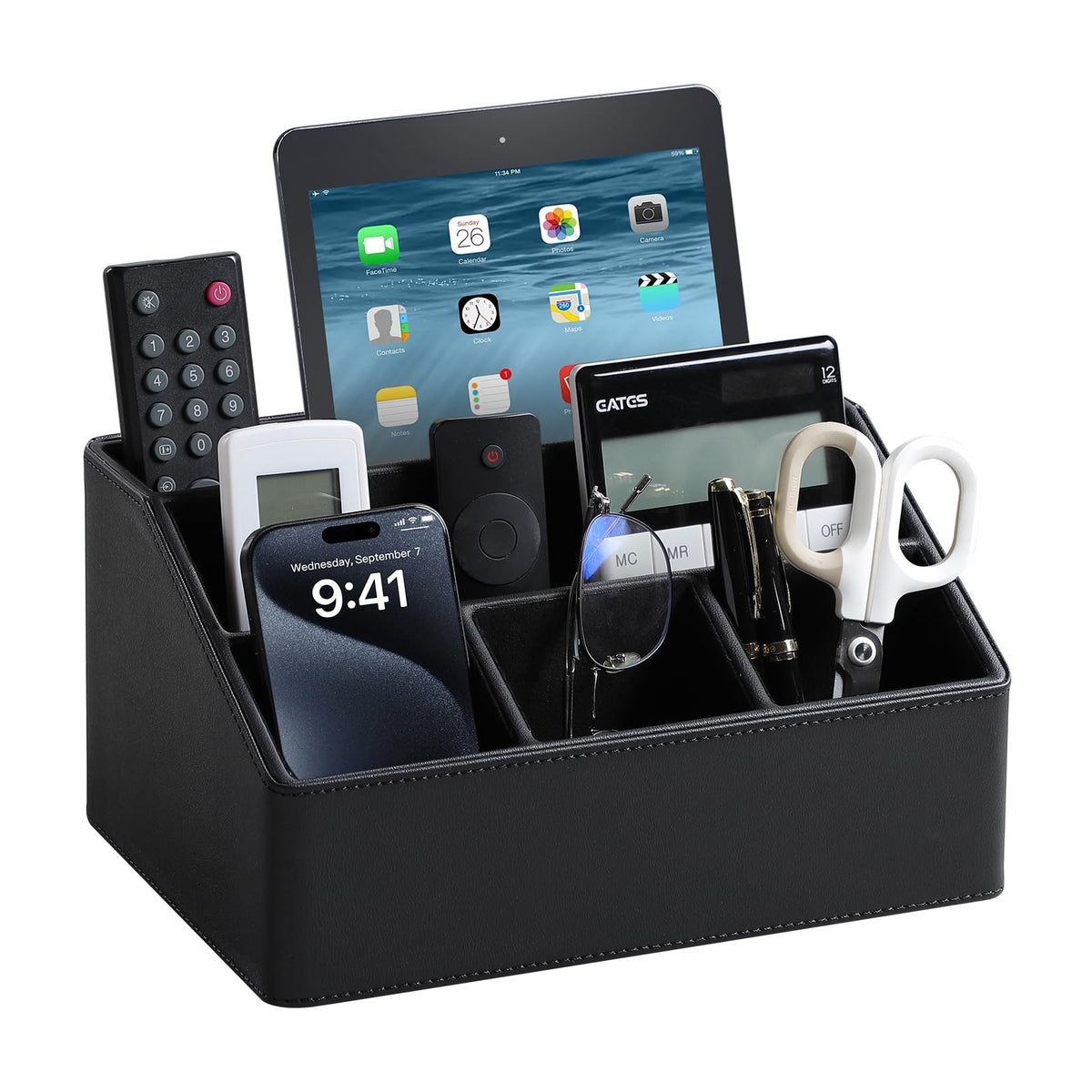 PU Leather Desk Organizer, Remote Control Holder (Black)