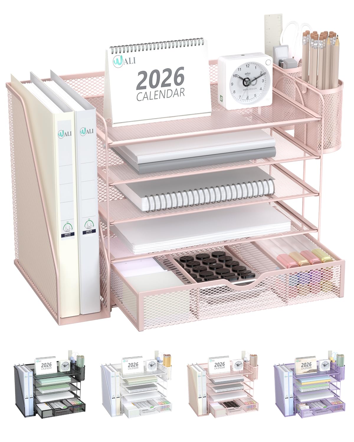 WALI Desk File Organizer, 4 Tier Desktop Paper Letter Tray Organizer with Drawer and 2 Pen Holders, Office Desk Accessories & Workspace Organizers for Office, Home Supplies(DO005DH-P), 1 Pack, Pink
