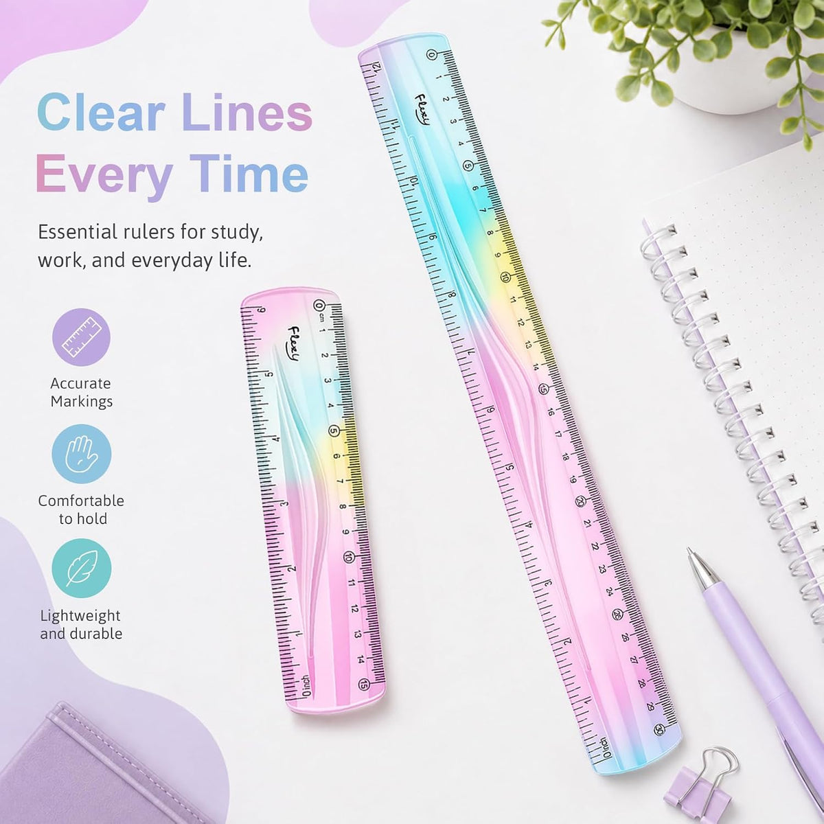 2 Pcs Flexible Ruler,12 Inch&6 Inch Bendable Ruler for Kids
