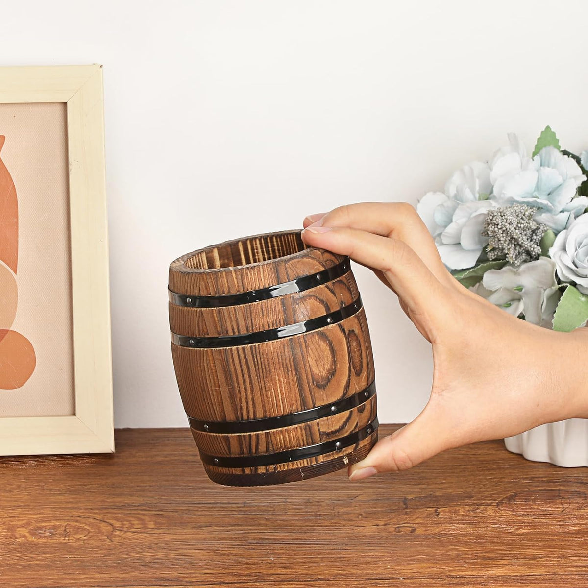 Rustic Wooden Pen Holders for Desk, Wine Barrel Shaped Pencil Cup