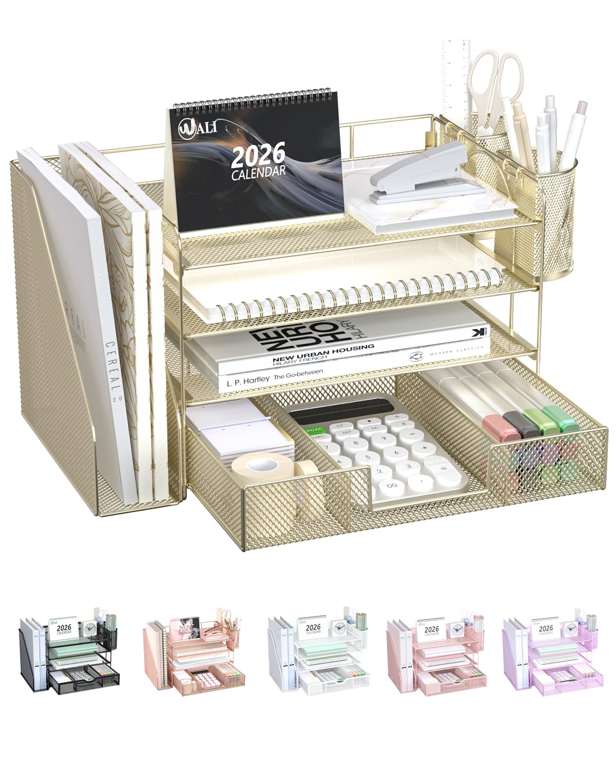 WALI Desk File Organizer, 5 Tier Desktop Paper Letter Tray Organizer with Drawer and 2 Pen Holders, Office Desk Accessories & Workspace Organizers for Office, Home Supplies(DO006DH-B), 1 Pack, Black