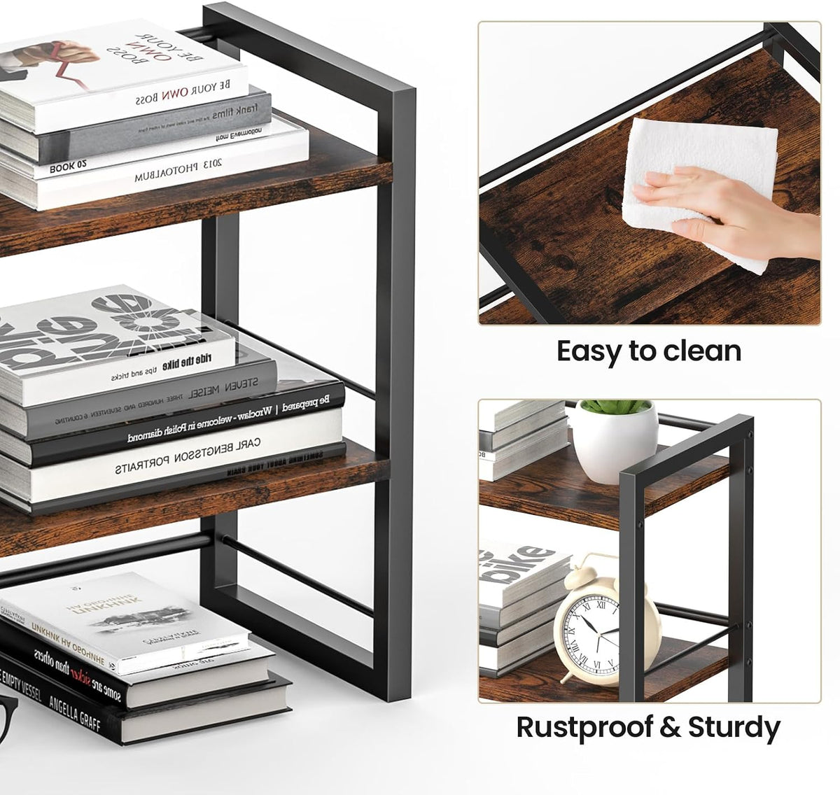Office Desk Shelf Organizer, Wood Desktop Bookshelf Supplies Storage Rack, Shelf for Top of Desk and Dresser (Brown-2 Tier)