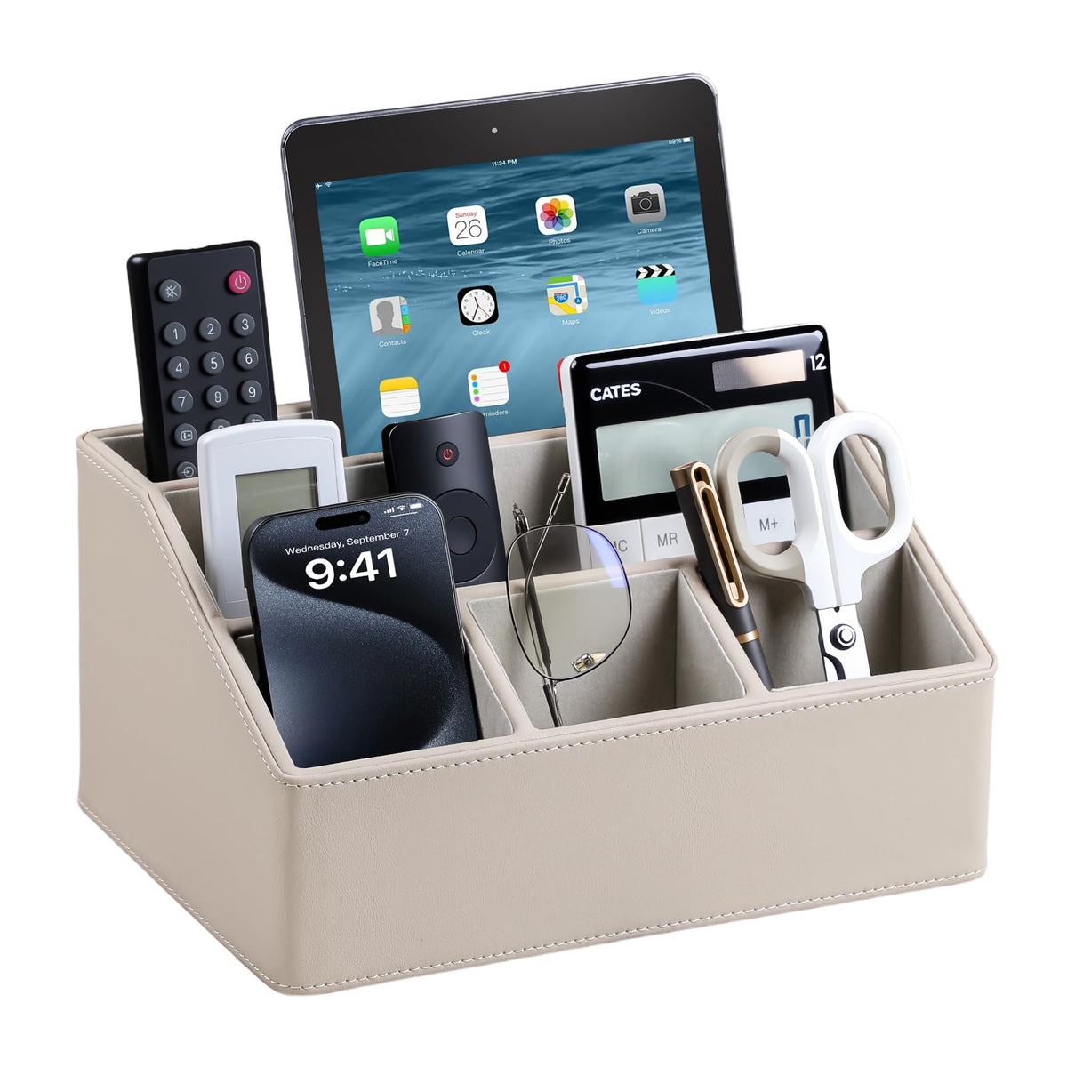 PU Leather Desk Organizer, Remote Control Holder (Black)