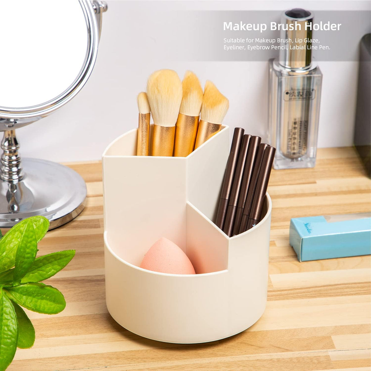 Desk Pencil Pen Holder, 3 Slots 360-Degree Spinning Organizers, Desktop Storage Stationery Supplies, Cute Cup Pot for Office, School, Art Supply, Kids - White