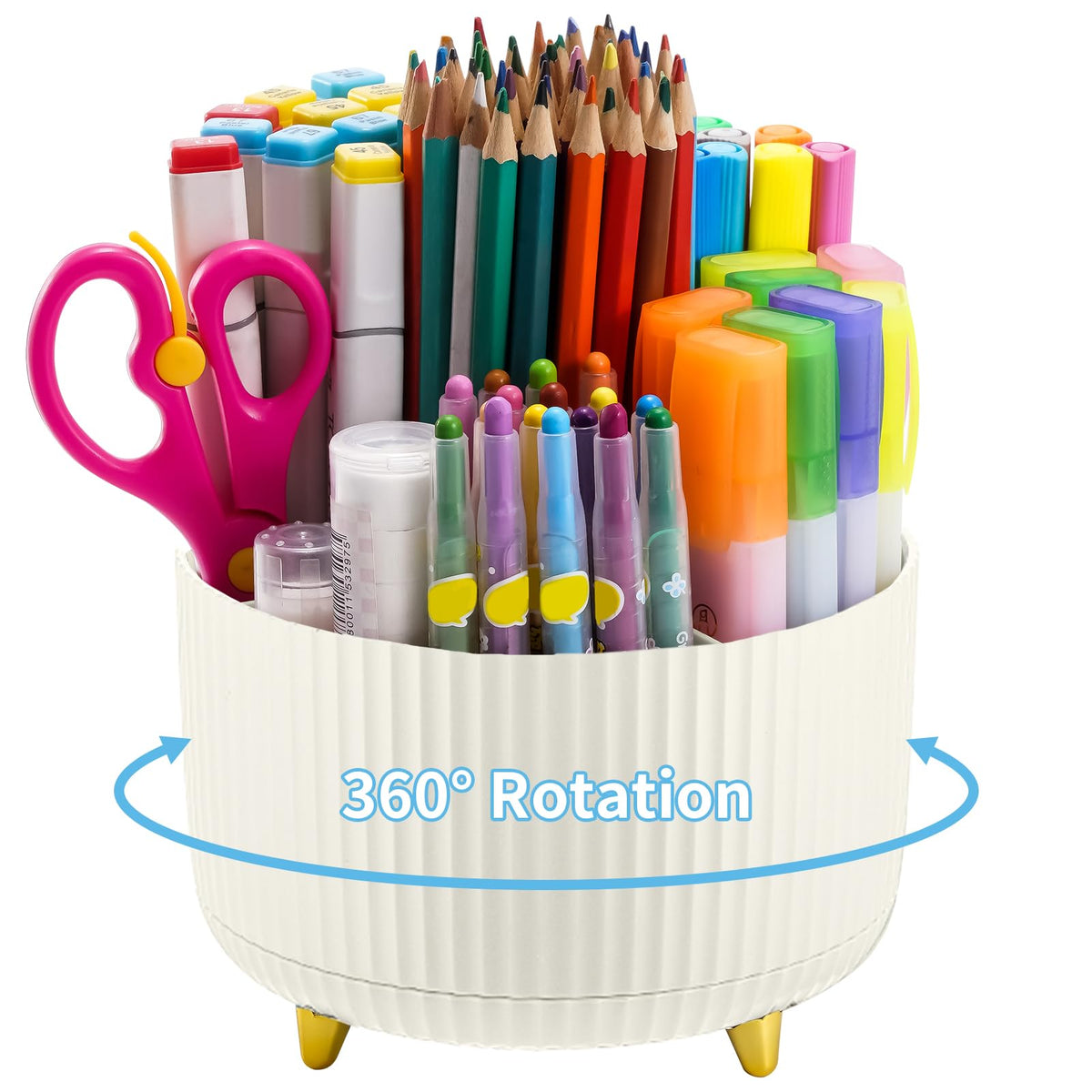 Marbrasse Desk Organizer, 360-Degree Rotating Pen Holder, Desk Organizers and Accessories with 5 Compartments Pencil Holder, Art Supply Storage Box Caddy for Office, Home(White)