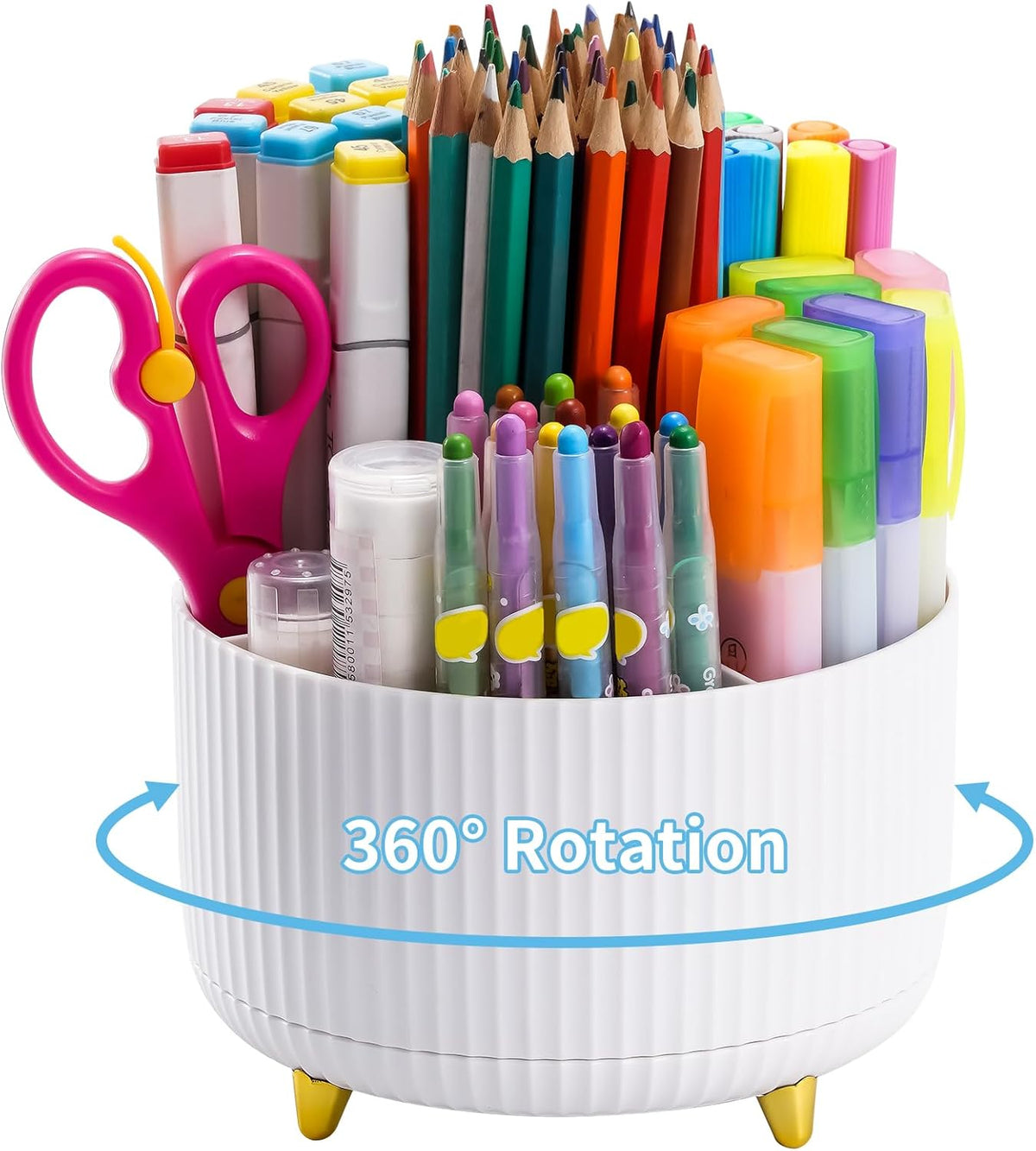 Marbrasse Desk Organizer, 360-Degree Rotating Pen Holder, Desk Organizers and Accessories with 5 Compartments Pencil Holder, Art Supply Storage Box Caddy for Office, Home(White)