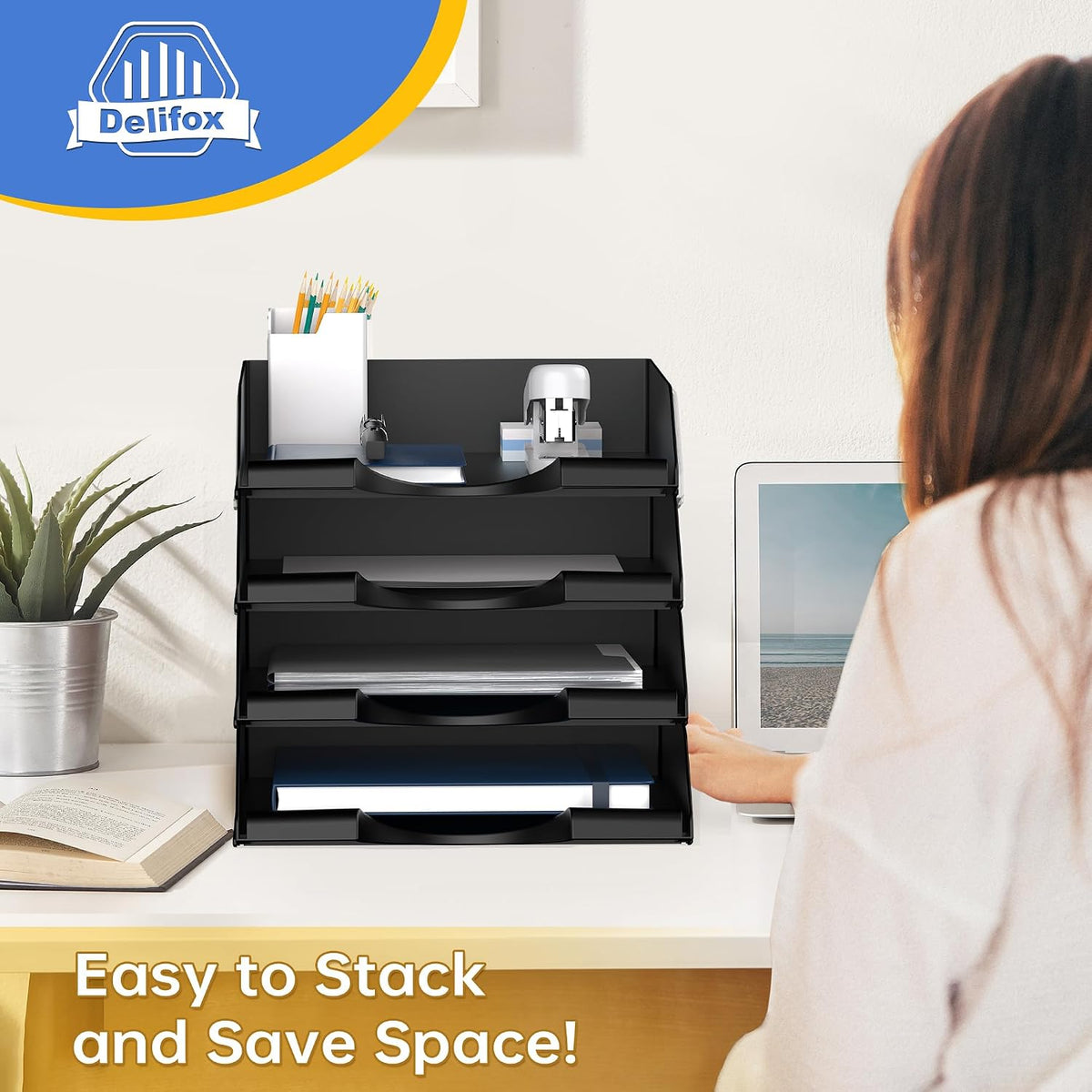 4 Pack Stackable Paper Trays for Letter Documents, Desktop File Organizers for Office Supplies, Stackable Desk Tray Holder for Paper Storage, Black