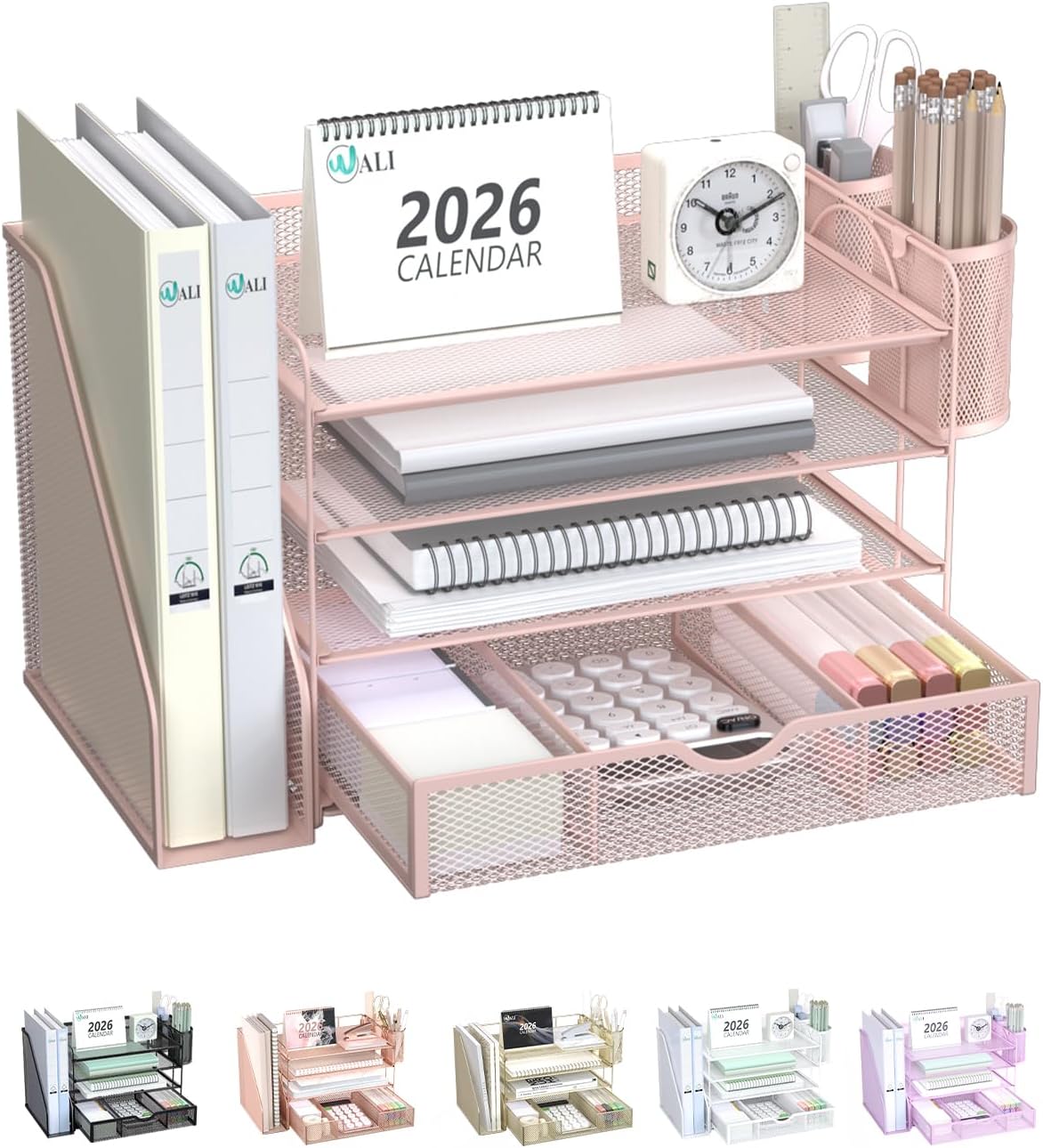 WALI Desk File Organizer, 4 Tier Desktop Paper Letter Tray Organizer with Drawer and 2 Pen Holders, Office Desk Accessories & Workspace Organizers for Office, Home Supplies(DO005DH-P), 1 Pack, Pink