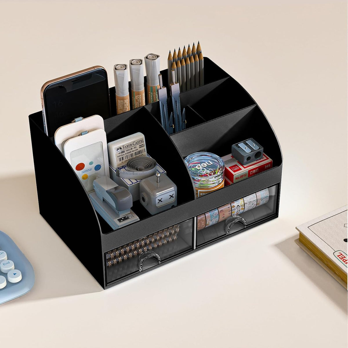 COMFYROOM Desk Organizer with 6 Compartments and 2 Drawers, Plastic Makeup Organizer, Pen Holder for Desktop Storage, Desk Organization for School, Home, Office Supplies (Black)