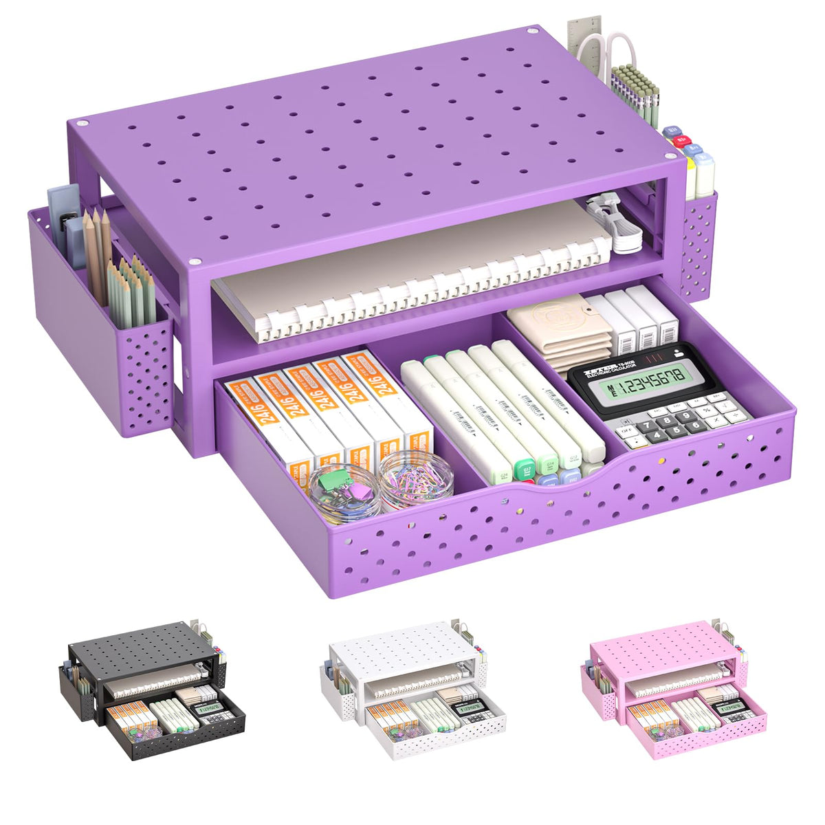 WALI Desk File Organizer, 4 Tier Desktop Paper Letter Tray Organizer with Drawer and 2 Pen Holders, Office Desk Accessories & Workspace Organizers for Office, Home, School Supplies, 1 Pack, Gold