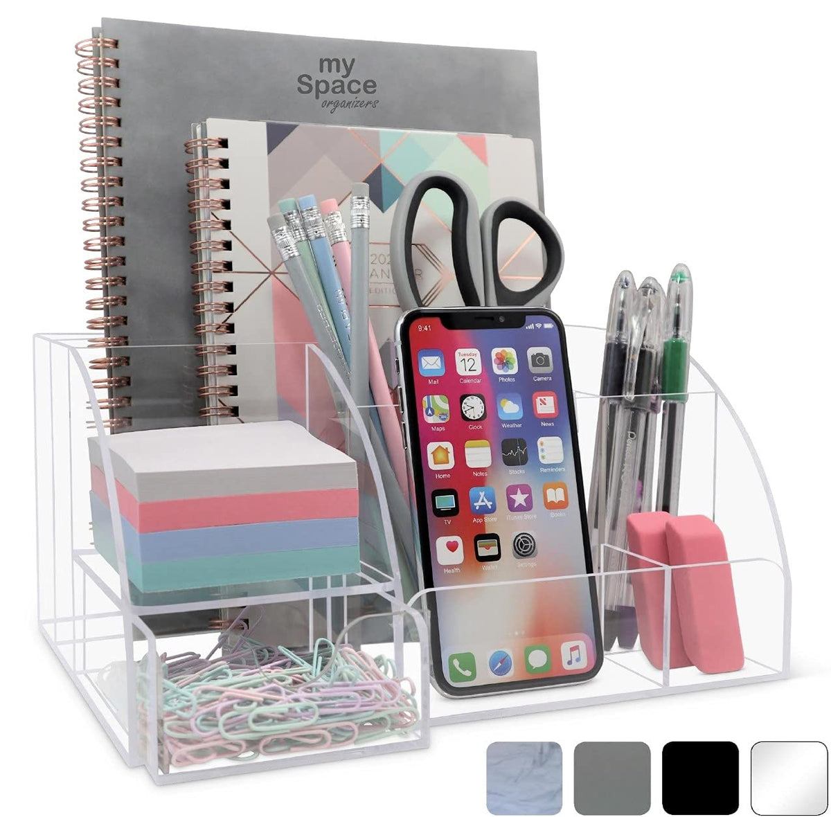 My Space Organizers Clear Acrylic Desk Oganizer, 9 Compartments, Office Supplies and Desk Accessories Organizer, Home Decor Desktop Organizer (Clear)
