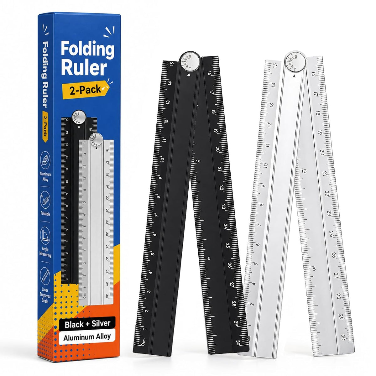 SNX 2 Pack Folding Rulers, 30cm Aluminum Alloy Angle Rulers, Black Silver