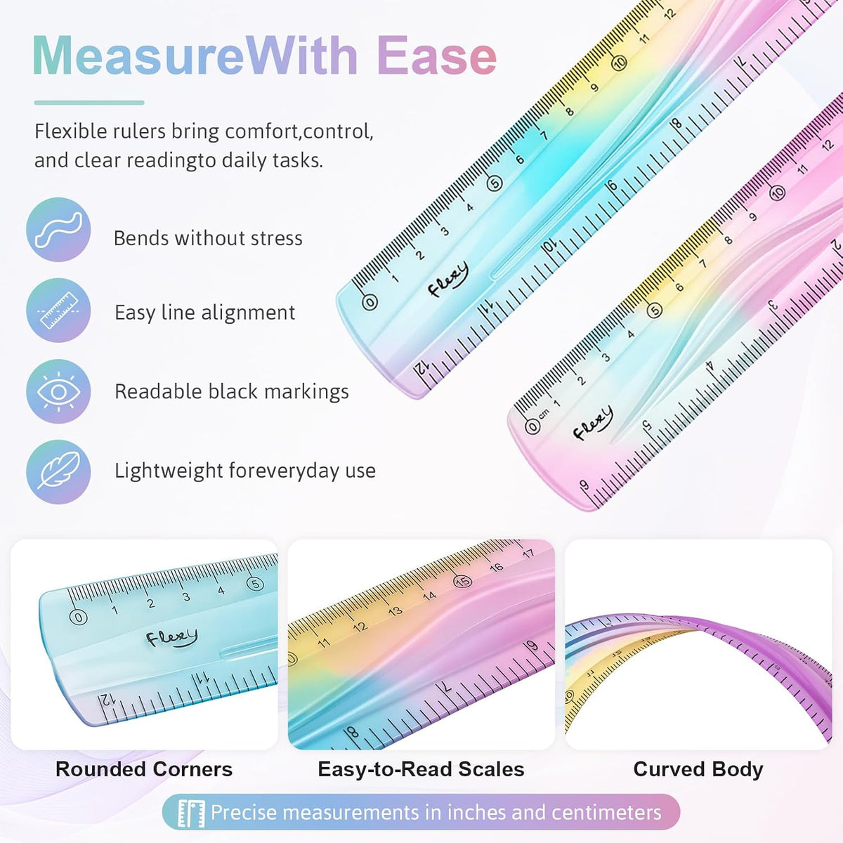 2 Pcs Flexible Ruler,12 Inch&6 Inch Bendable Ruler for Kids