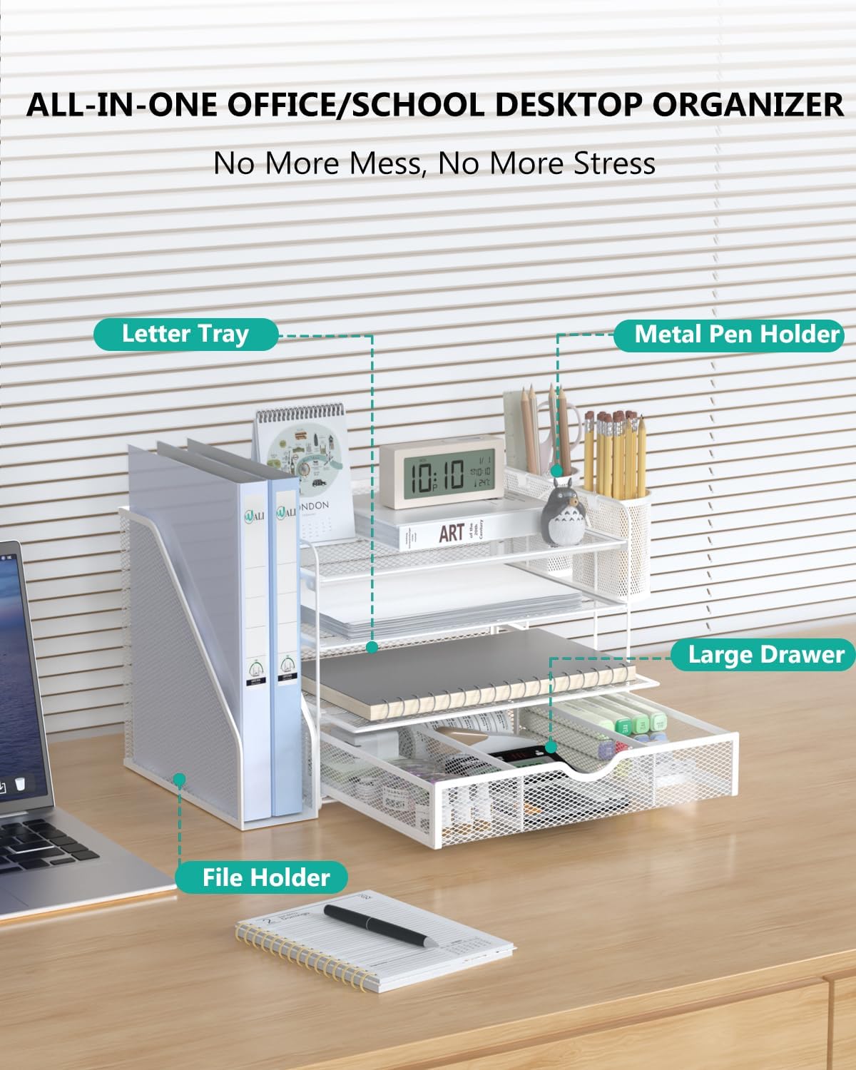 WALI Desk File Organizer, 4 Tier Desktop Paper Letter Tray Organizer with Drawer and 2 Pen Holders, Office Desk Accessories & Workspace Organizers for Office, Home Supplies(DO005DH-W), 1 Pack, White