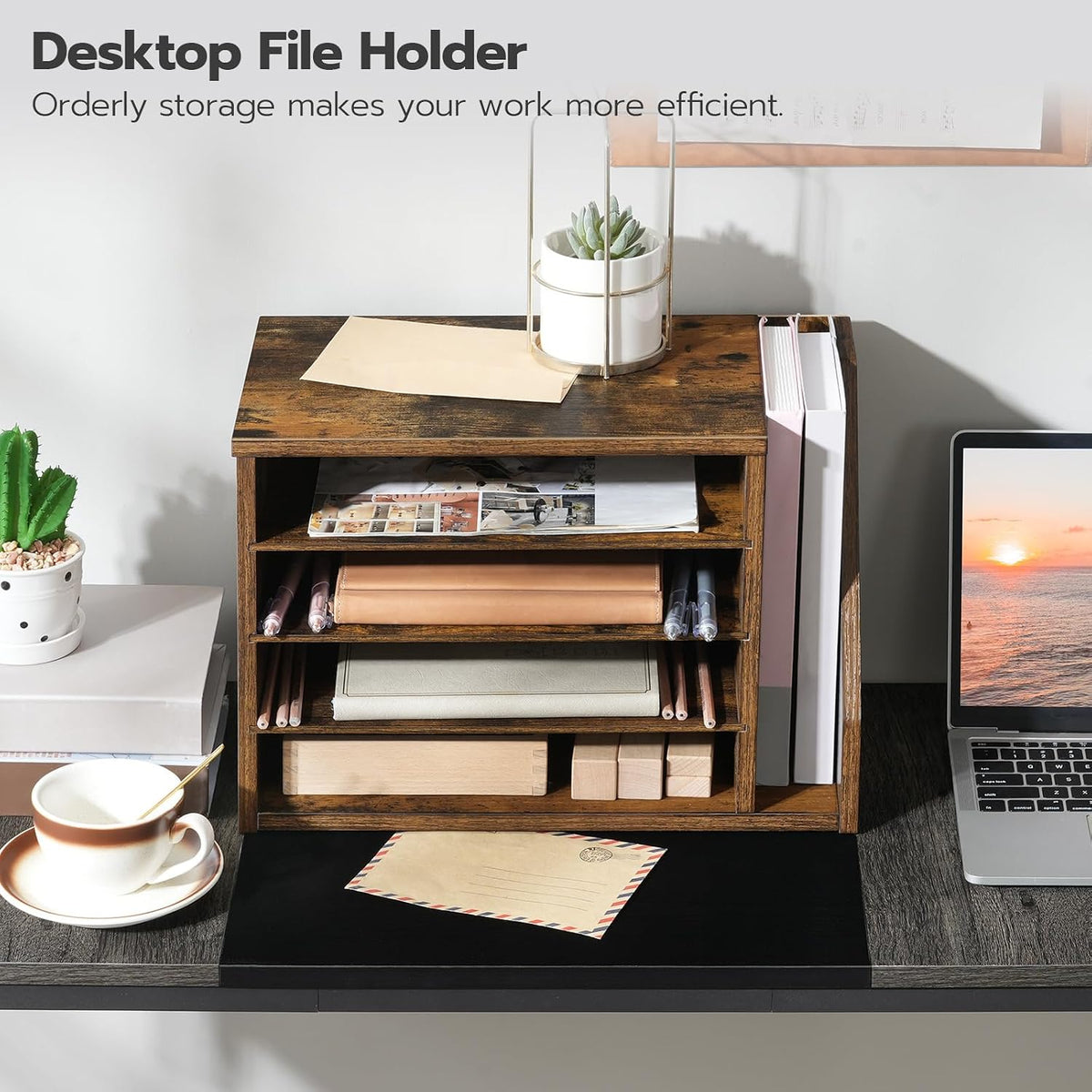 HOOBRO Mail Sorter, Literature Organizer with Adjustable Shelves, Paper Organizer for Office, Home, Wood Countertop File Holders, Mails, Magazines, Rustic Brown FG41WF01