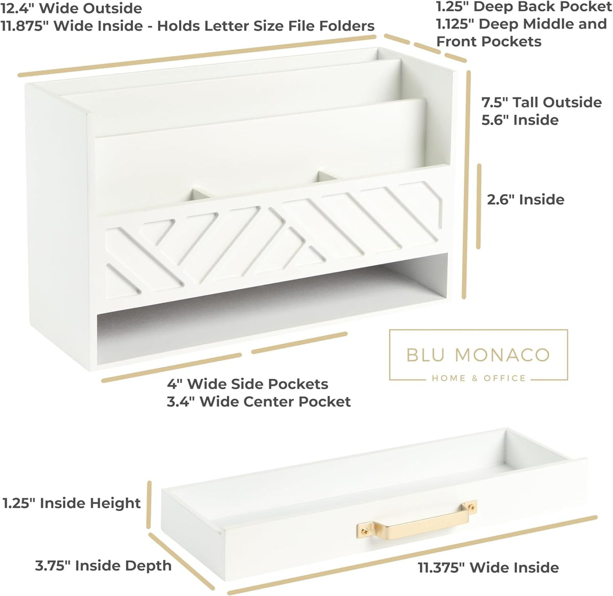 BLU MONACO | White Wooden Desk Organizer & Mail Organizer with Drawer & Gold Handle | Mail Sorter Countertop | 6 Compartments | White Desktop Organizer for Desk