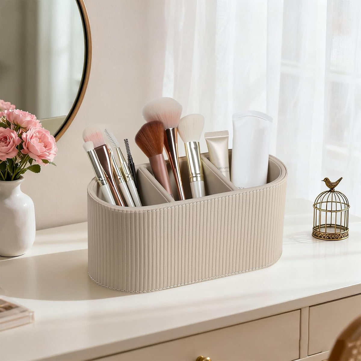 Remote Control Holder Pen Pencil Holder Desk Organizer Caddy(Beige)