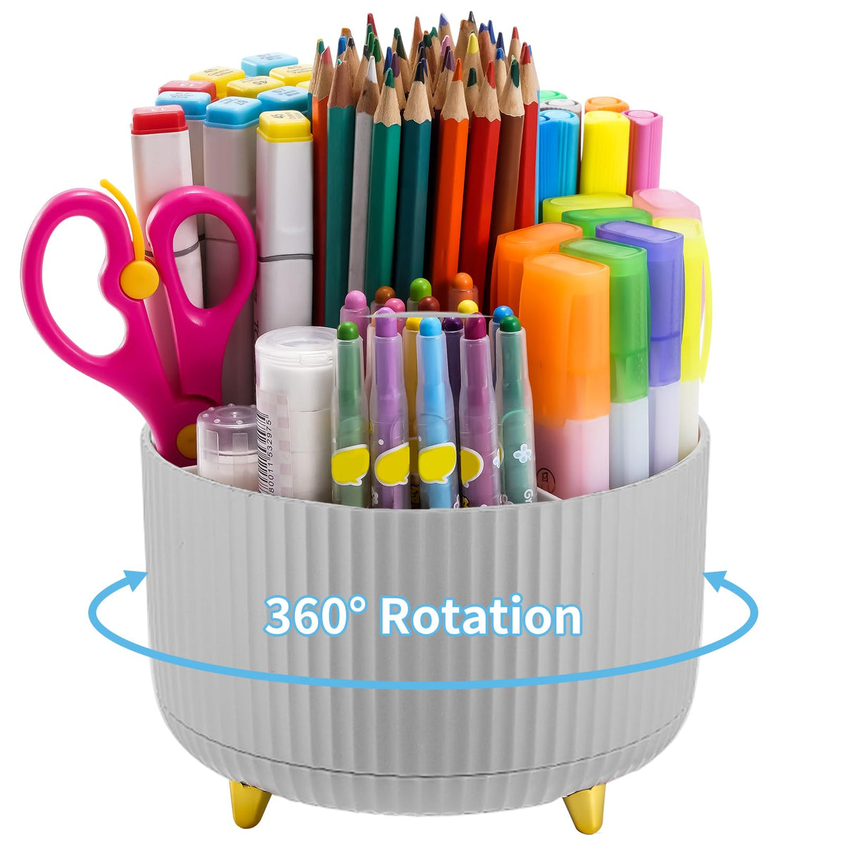 Marbrasse Desk Organizer, 360-Degree Rotating Pen Holder, Desk Organizers and Accessories with 5 Compartments Pencil Holder, Art Supply Storage Box Caddy for Office, Home(White)