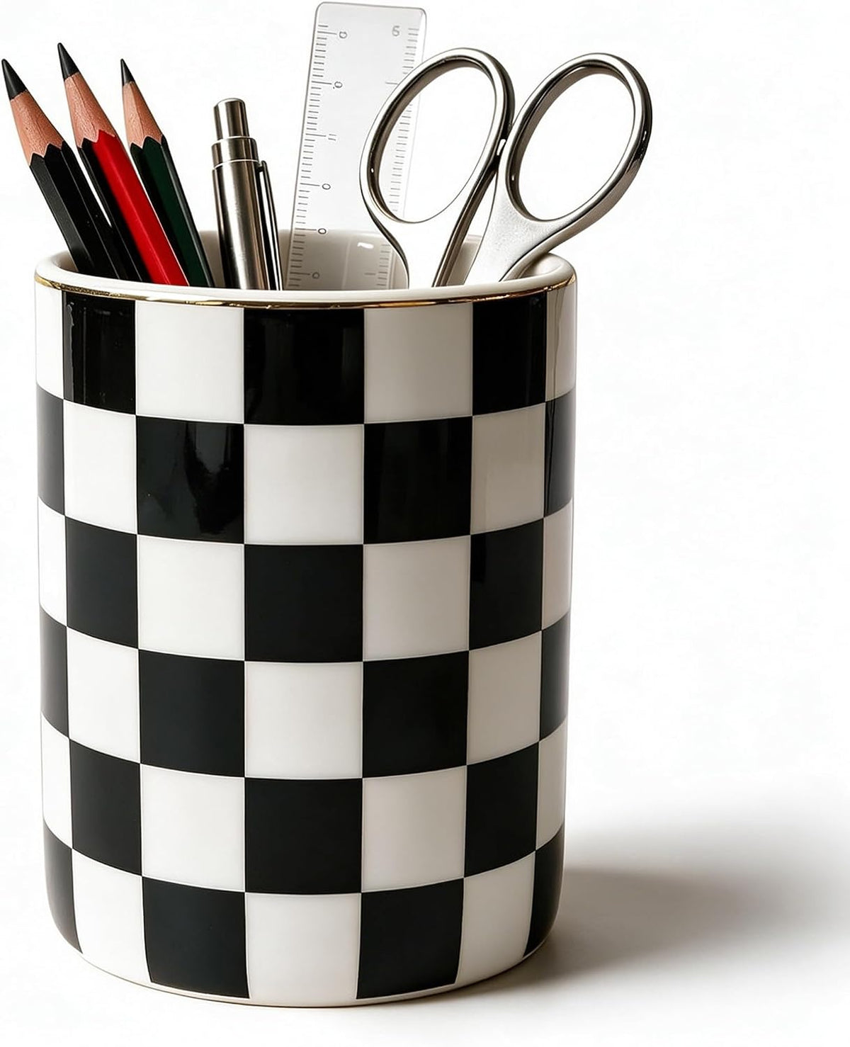 Checkered Pen Holder For Desk,Ceramic Pencil Holder Organizer,Cute Pen Cup office decor, Black and white desk accessories
