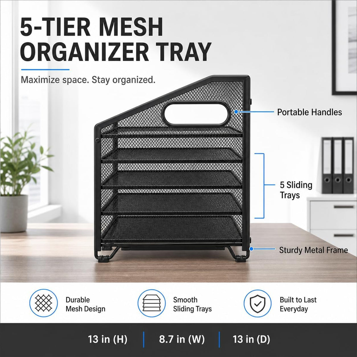 Ekisemio 5-Tier Desk Organizers and Accessories, Paper Letter Tray Organizer with File Holder, Desktop Organizer for Office Supplies, Black