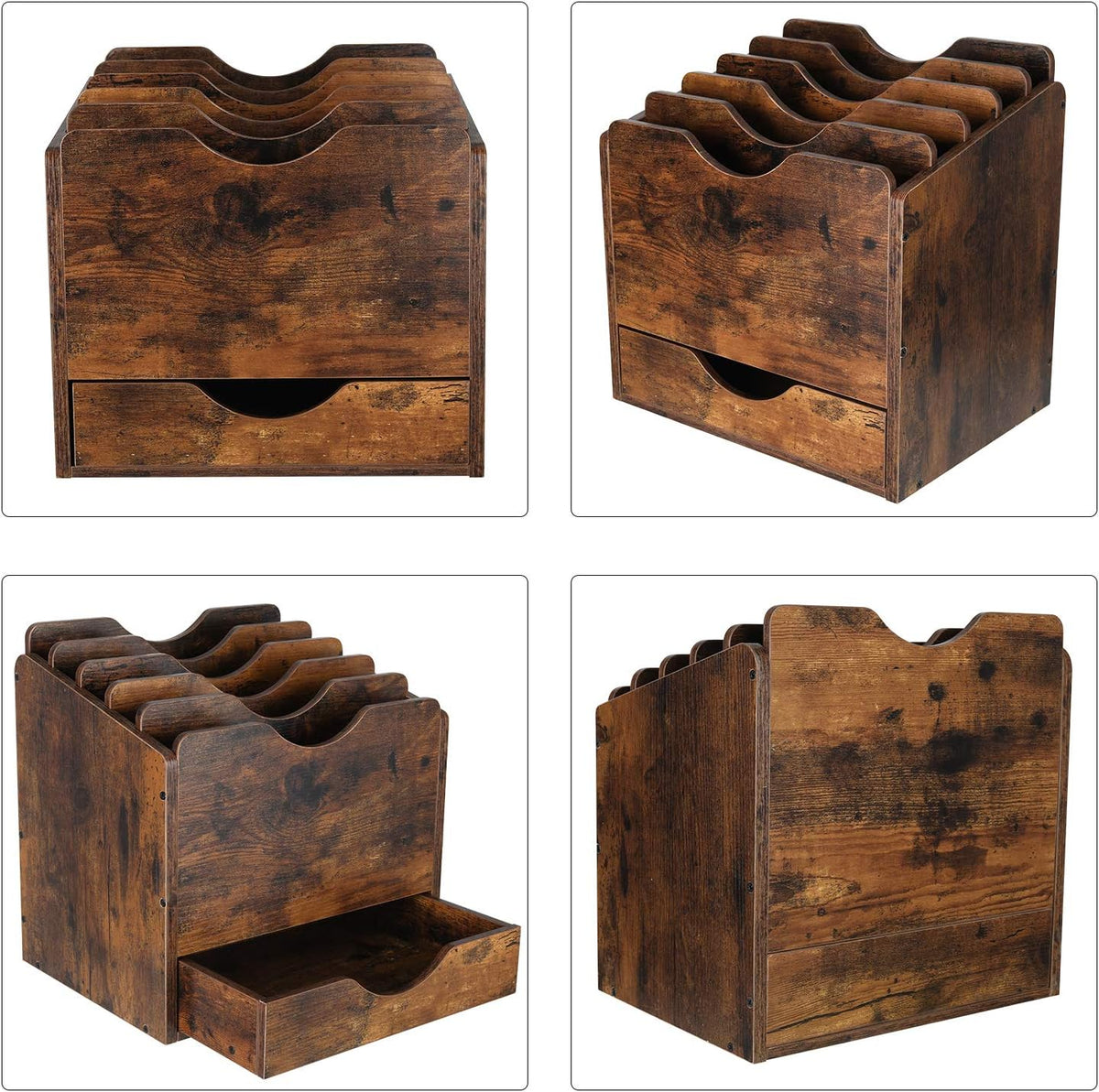 PAG-Mass Wood Desktop File Holder Organizer Mail Sorter with Drawer, for File Folders, Mails, Envelopes, Mailing Supplies or Magazines, 6 Compartments, Antique Brown
