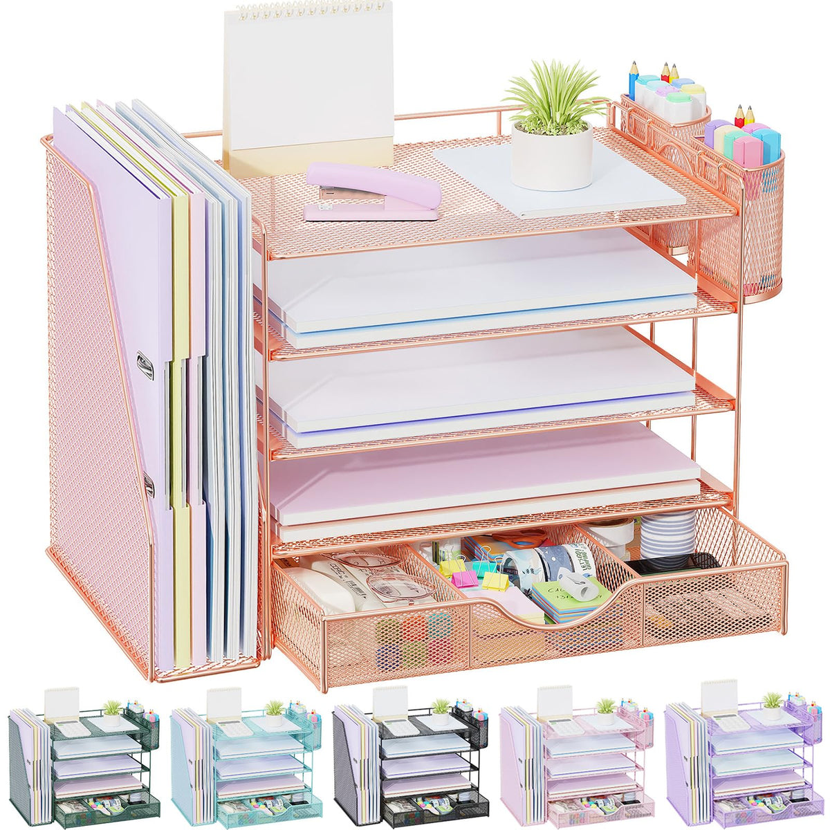 gianotter Desk Organizers and Accessories with File Holder, 4-Tier Desk Accessories & Workspace Organizers with Drawer and 2 Pen Holder, Paper Organizer for Office Supplies (Wood)