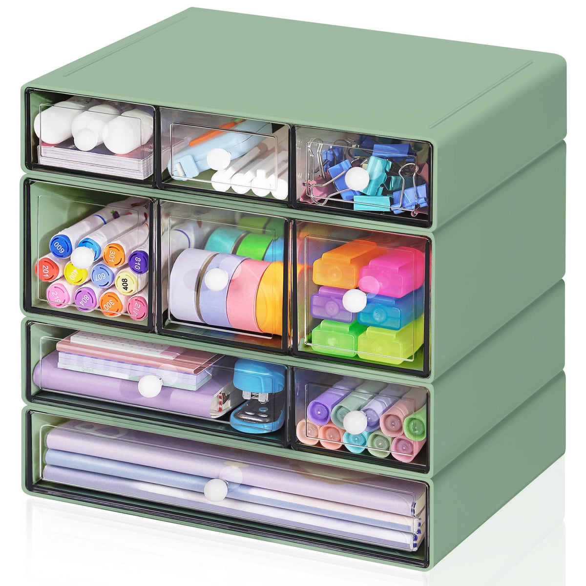 Desk Storage Organizer with 9 Drawers, 4 Tiers Stackable Desktop Craft Storage Drawers, Clear Storage Box Caddy for Stationary Makeup Jewelry Office Craft Supplies (Green)