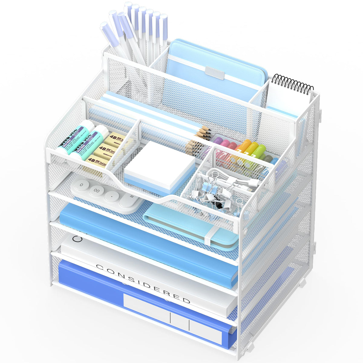 3 Tier Mesh Paper Desk Organizer with Pen Holders, White