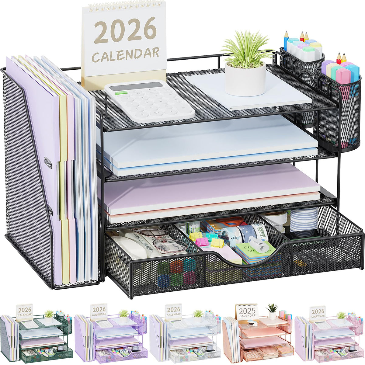 gianotter Desk Organizers and Accessories with File Holder, 4-Tier Desk Accessories & Workspace Organizers with Drawer and 2 Pen Holder, Paper Organizer for Office Supplies (Wood)