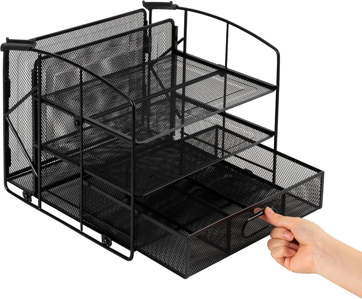 Amazon Basics Sturdy Rectangular Desktop Organizer with 3 Trays, Sliding Drawer and Hanging File Holder for Office Supplies, Black