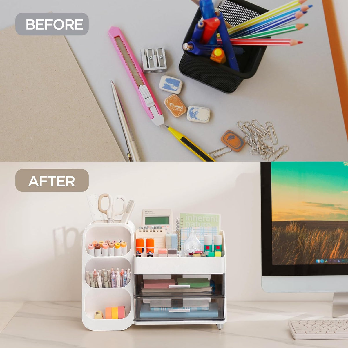 HBlife Desk Organizer with Pen Pencil Holder for Desk, Pen Organizer with 2 Drawers, Desk Organizers and Accessories with 4 Compartments, Desktop Storage for Office Home School Art Supplies, White
