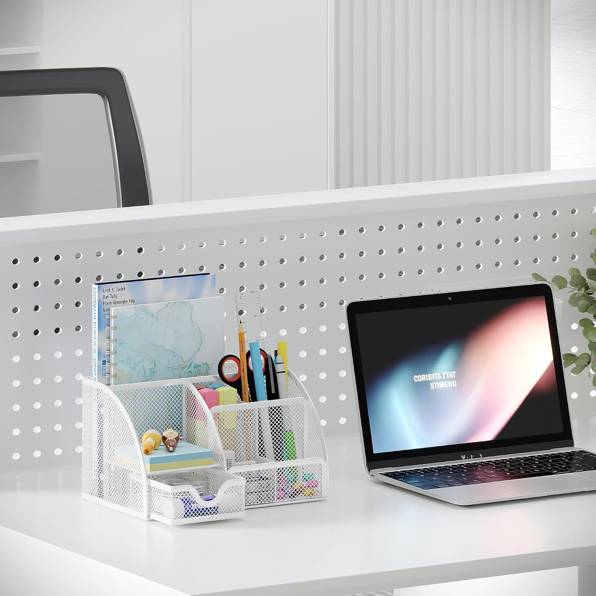 EasyPAG Mesh Desk Organizer with Drawer Multi-functional Pen Holder Stationery Organizer for Office School Supplies 6 Compartments Dorm Organizers and Storage for Desk, White